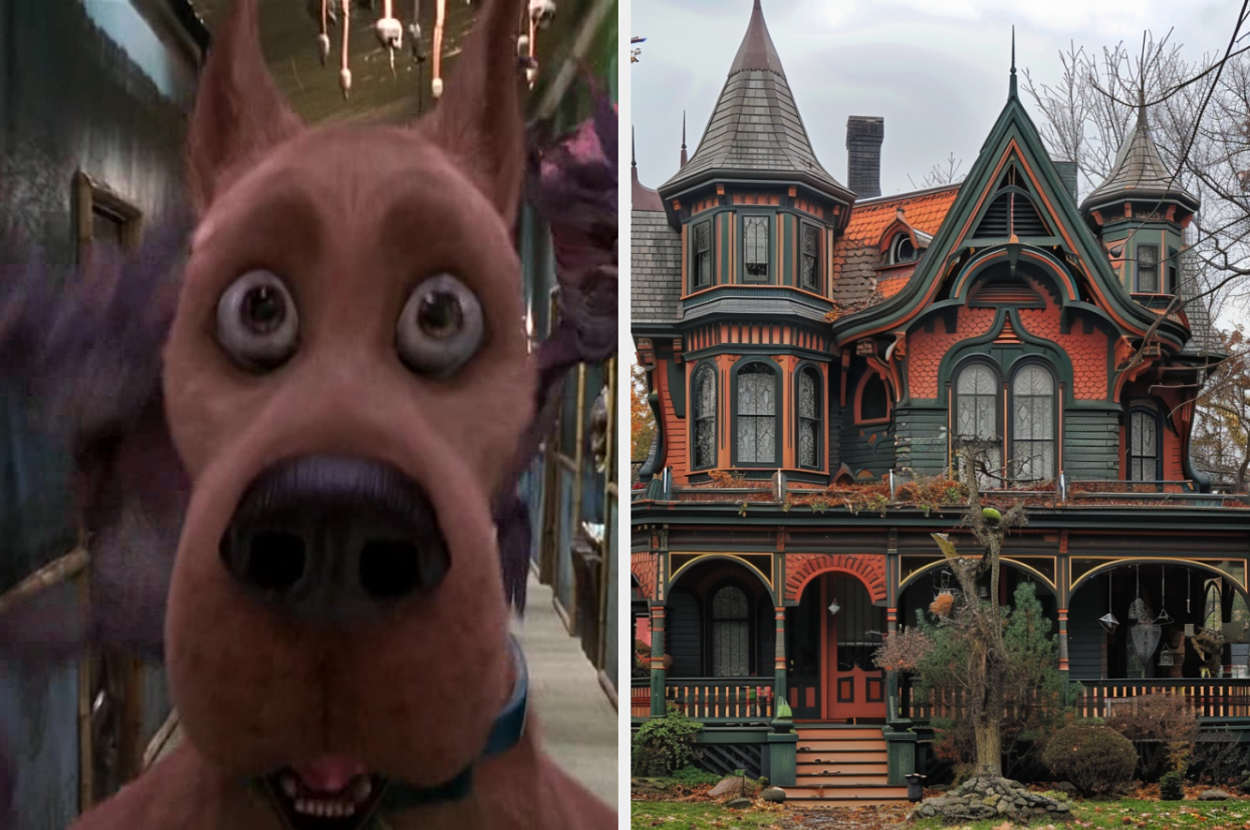 Scooby-Doo looks surprised in the Mystery Mansion. A spooky, ornate Victorian house with eclectic architecture stands outside