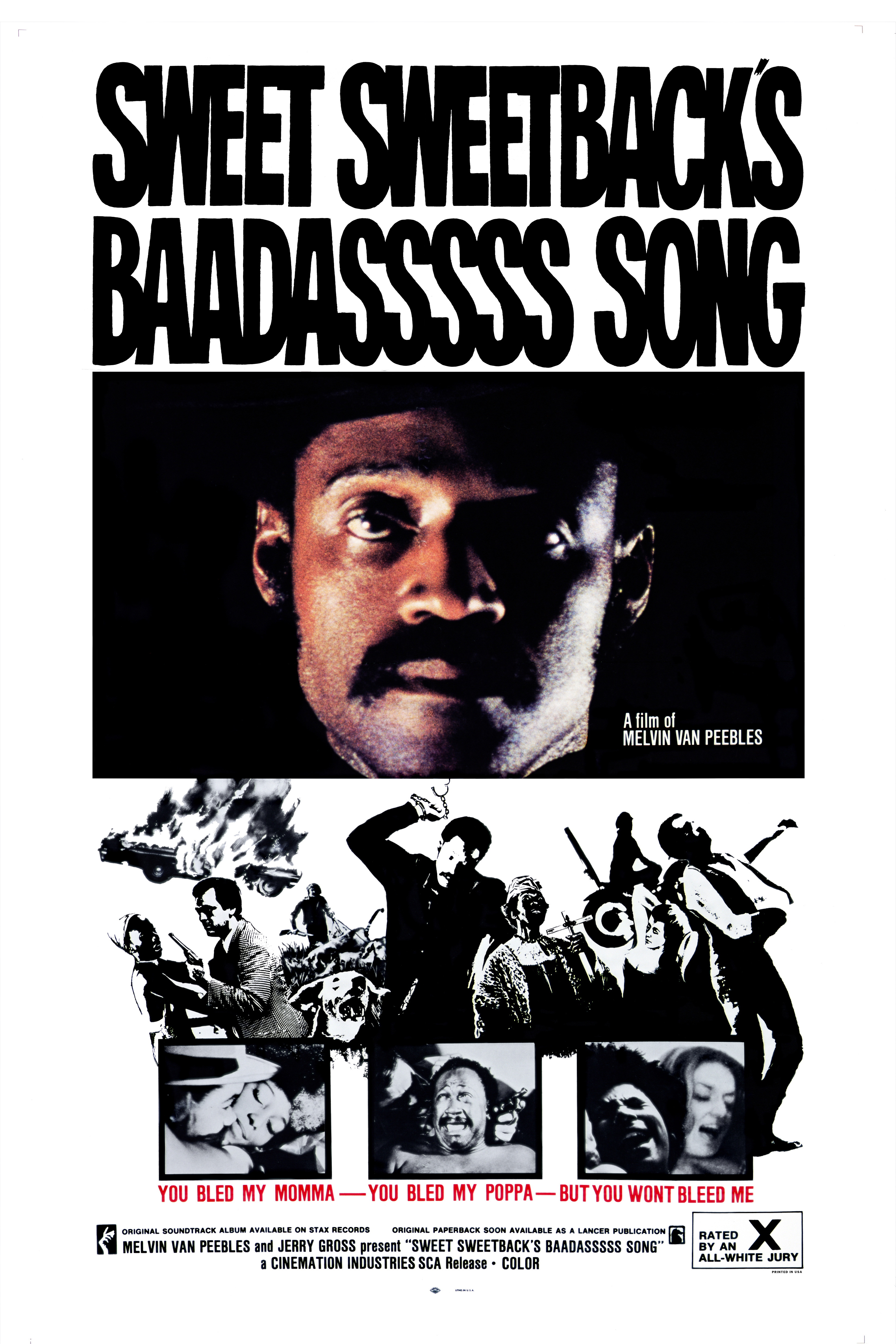 Film poster for &quot;Sweet Sweetback&#x27;s Baadasssss Song&quot; directed by Melvin Van Peebles, featuring Van Peebles&#x27; face and scenes from the movie