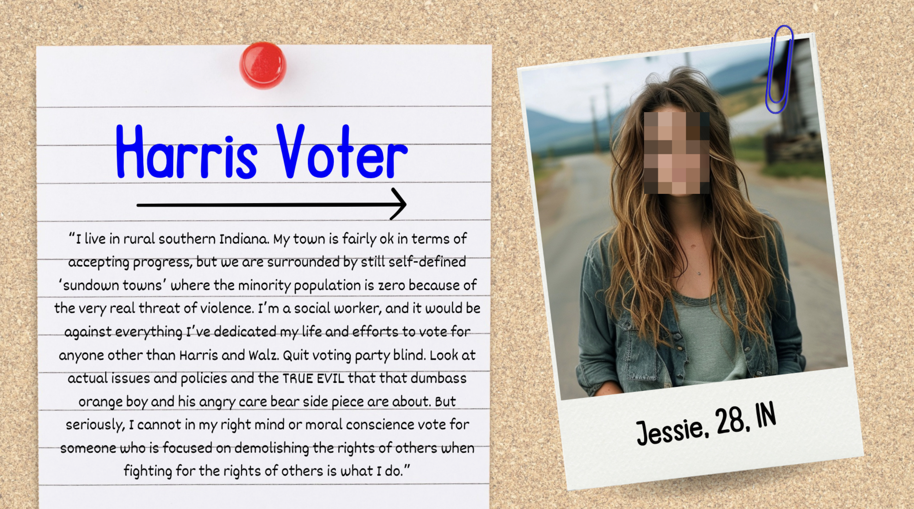 Notebook paper with text about a Harris voter from Indiana, next to a photo of Jessie, 28, IN. Jessie&#x27;s photo is attached with a paperclip