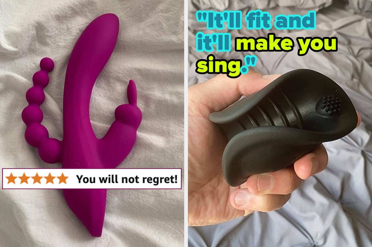 Sex toys: a purple dual vibrator and black male stroker. Overlay text: “it'll fit and it'll make you sing” Star rating with text “You will not regret!”