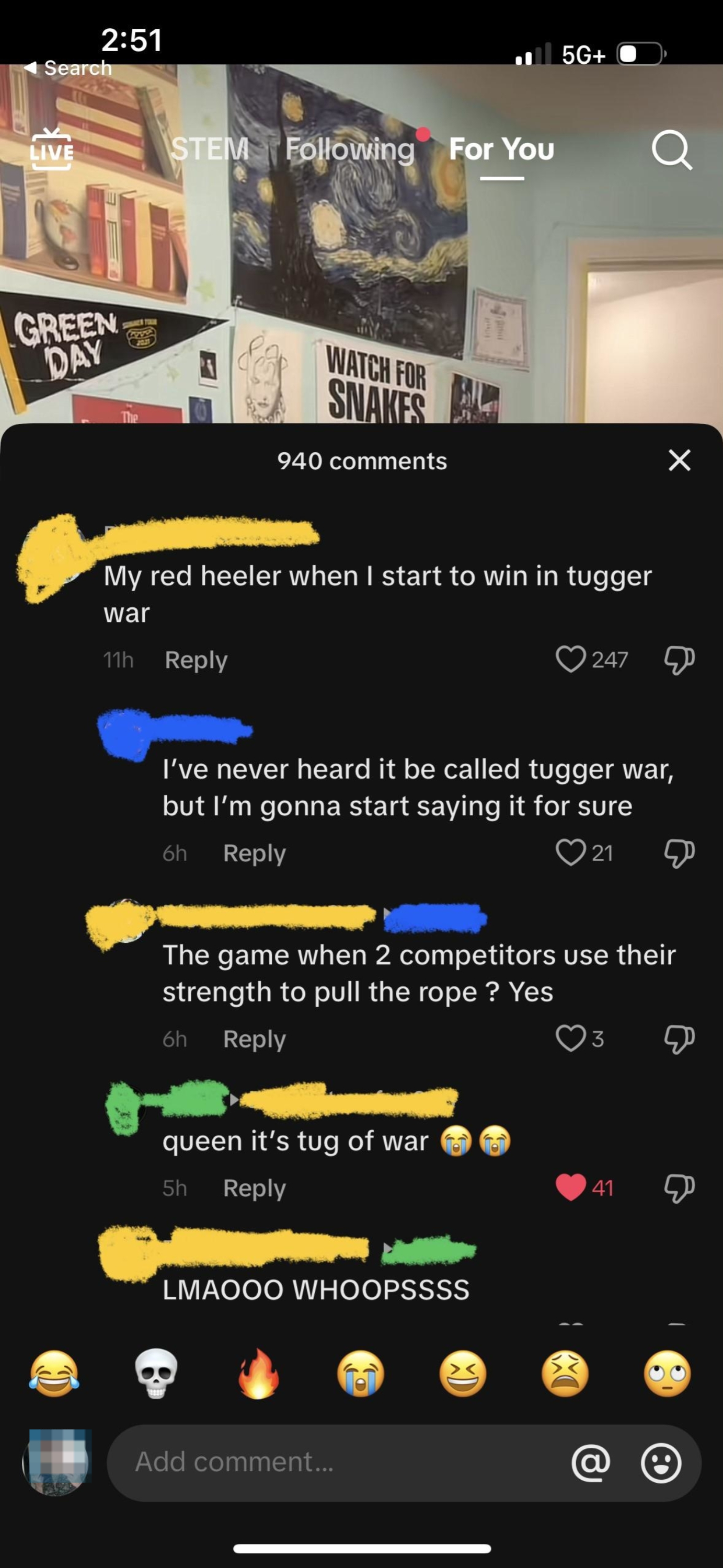 Screenshot of social media post with comments about the term "tugger war" instead of "tug of war," with emoji reactions