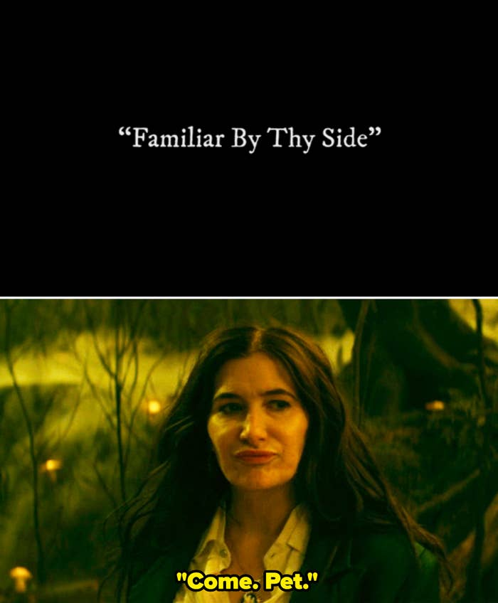Text reads “Familiar By Thy Side.” Below, a woman with long hair looks to the side, wearing a white shirt and dark blazer