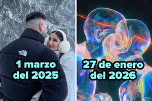 Dos ilustraciones: una con figuras humanas holográficas fusionándose y otra de una pareja vestida de blanco, posando bajo el agua