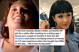 Split image: On the left, a smiling person; on the right, a person holding a credit card. Text details a story about discovering one's partner is on OnlyFans