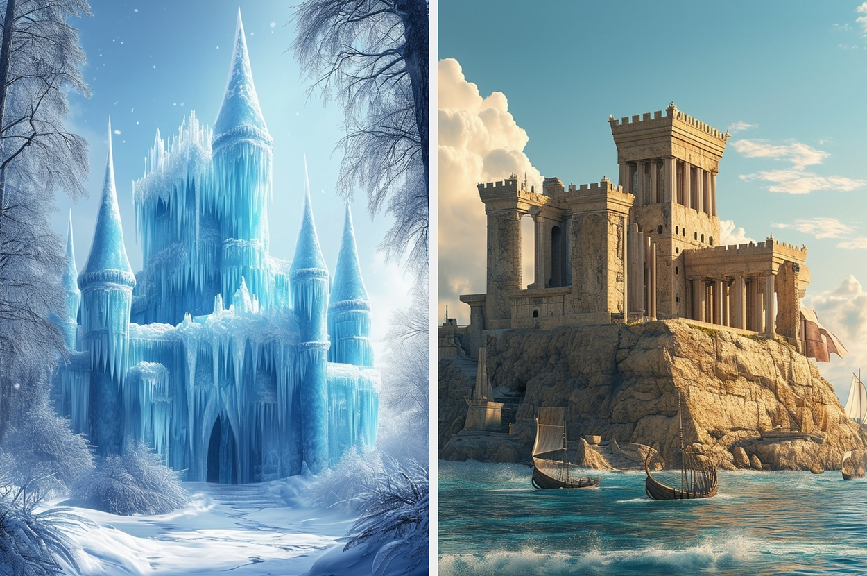 Ice castle beside stone fortress with two ships. Fantasy scenery merging ice and medieval architecture. No people present