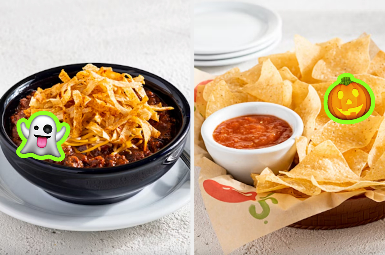 Bowl of chili topped with shredded cheese and strips next to a basket of tortilla chips with a pumpkin emoji, served with salsa