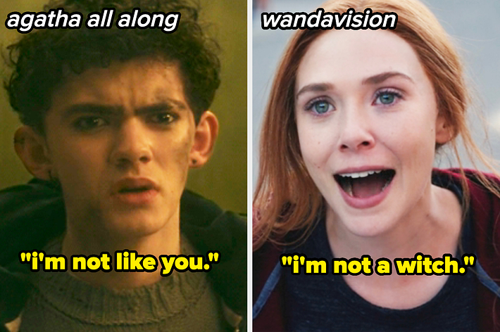 Split image: On the left, Billy from "Agatha All Along" says, "I'm not like you." On the right, Wanda from "WandaVision" says, "I'm not a witch."