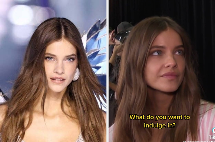 Two images of a woman being interviewed. Text: "What's the first thing you're gonna eat after the show?" and "What do you want to indulge in?"