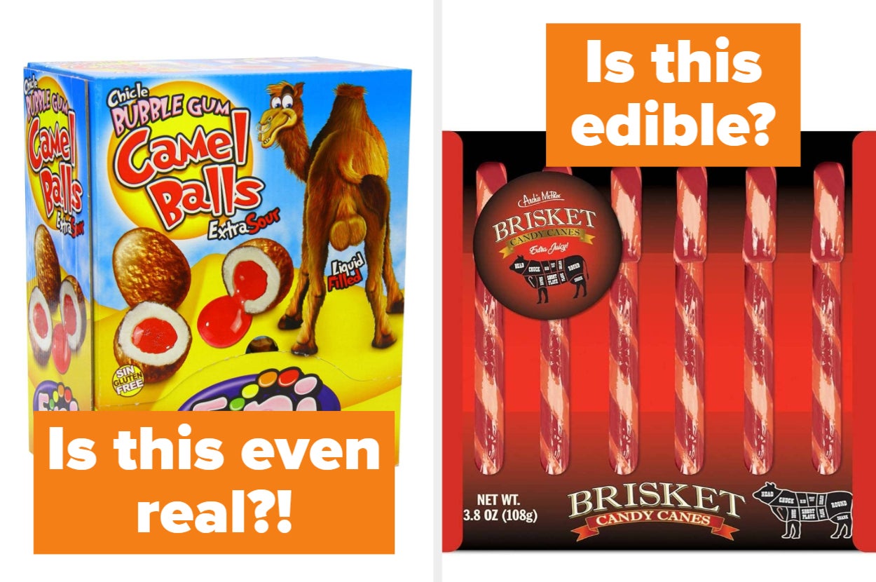 Novelty candies shown: "Camel Balls" bubble gum and brisket-flavored candy canes. Text questions their authenticity and edibility