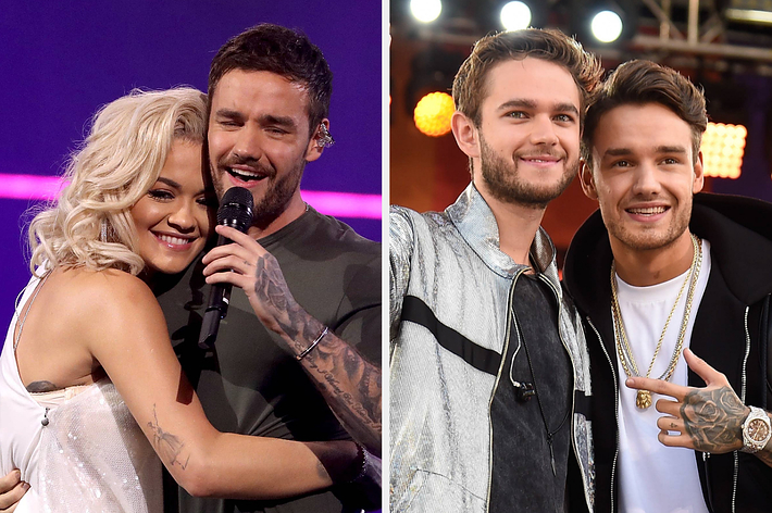 Two images: Left, a singer in a sleeveless top hugs a man in a T-shirt on stage. Right, two men, one in a shiny jacket, pose and smile at an event