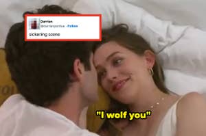 A couple lies in bed, gazing at each other with a superimposed tweet above them reading, "sickening scene" by user Darrian