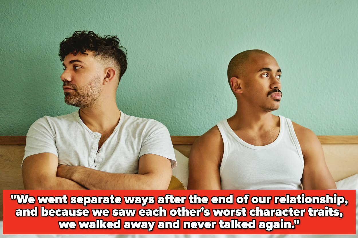 A couple lies on a bed, looking away from each other. Text below reads: "We walked away and never talked again."