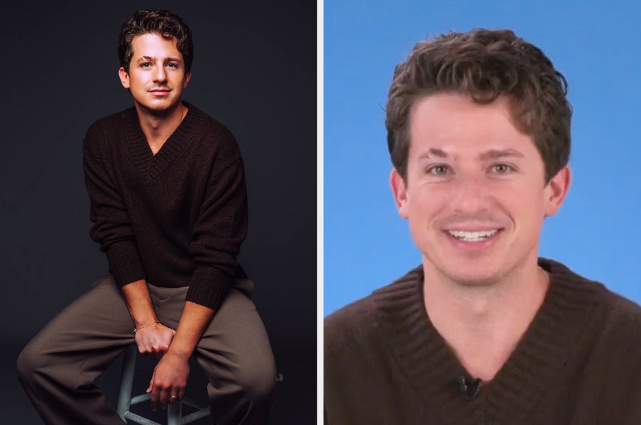 A person with curly hair wearing a brown sweater sits on a stool; in another shot, they are smiling against a blue background