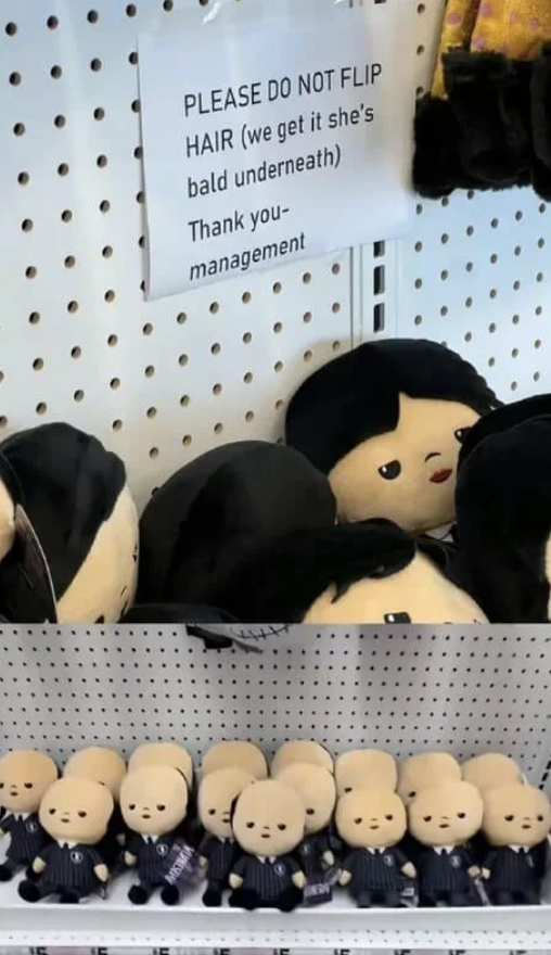 Plush toys lined on a shelf, hair flipped to reveal bald heads. Above, a sign reads: &quot;PLEASE DO NOT FLIP HAIR (we get it she&#x27;s bald underneath) Thank you - management&quot;