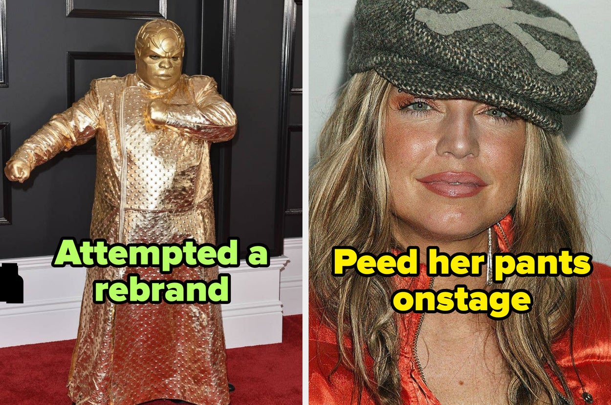 ceelo green in gold outfit on left with text "Attempted a rebrand." fergie in orange jacket and hat on right with text "Peed her pants onstage."