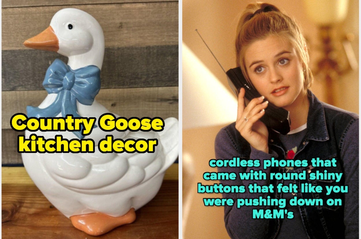 A ceramic duck with a blue bow and text about goose kitchen decor. Beside it, a person holds a cordless phone, with text about its shiny buttons