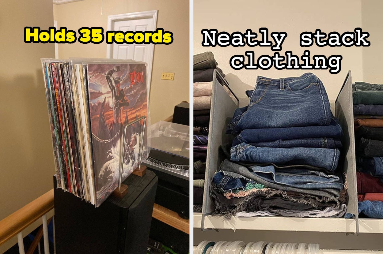 Record holder with 35 albums on the left; neatly stacked clothes in a shelf organizer on the right