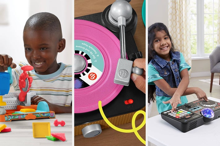 Children playing with colorful, educational toys: a construction set, a toy record player, and a DJ set