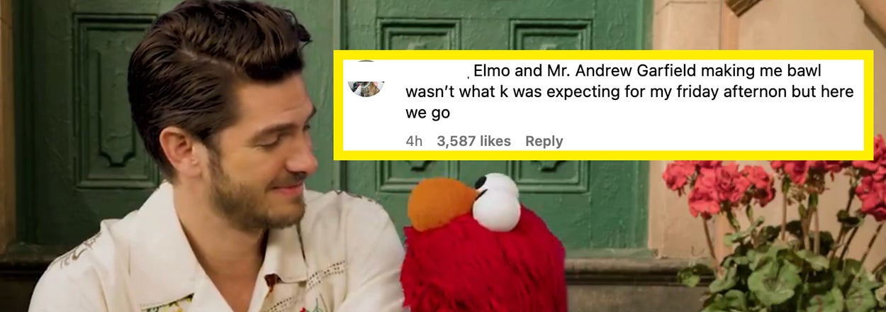 Andrew Garfield and Elmo sit together. A comment above reads: "Elmo and Mr. Andrew Garfield making me bawl wasn't what I was expecting for my Friday afternoon but here we go."