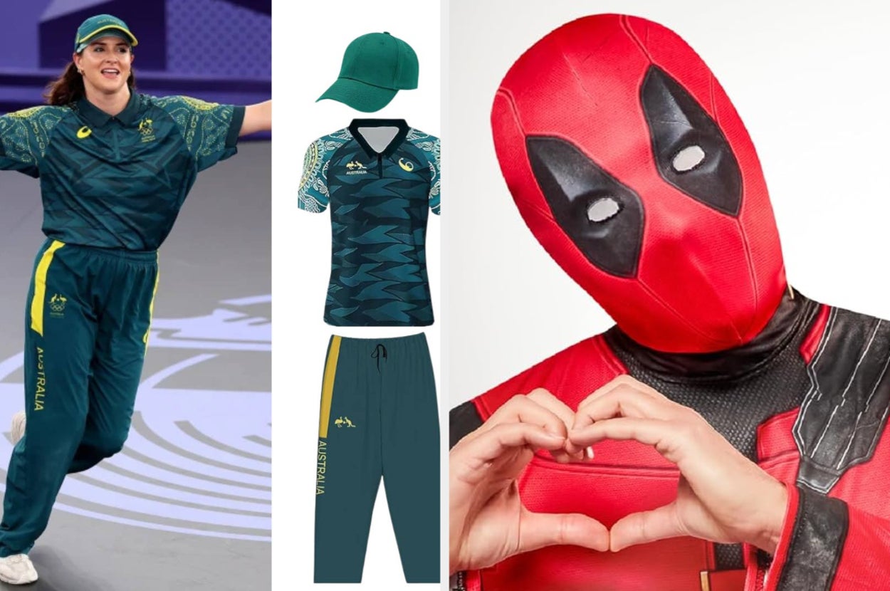 A person dressed as Deadpool making a heart gesture, an athlete in sportswear, and an Australian sports kit consisting of a shirt, cap, and pants
