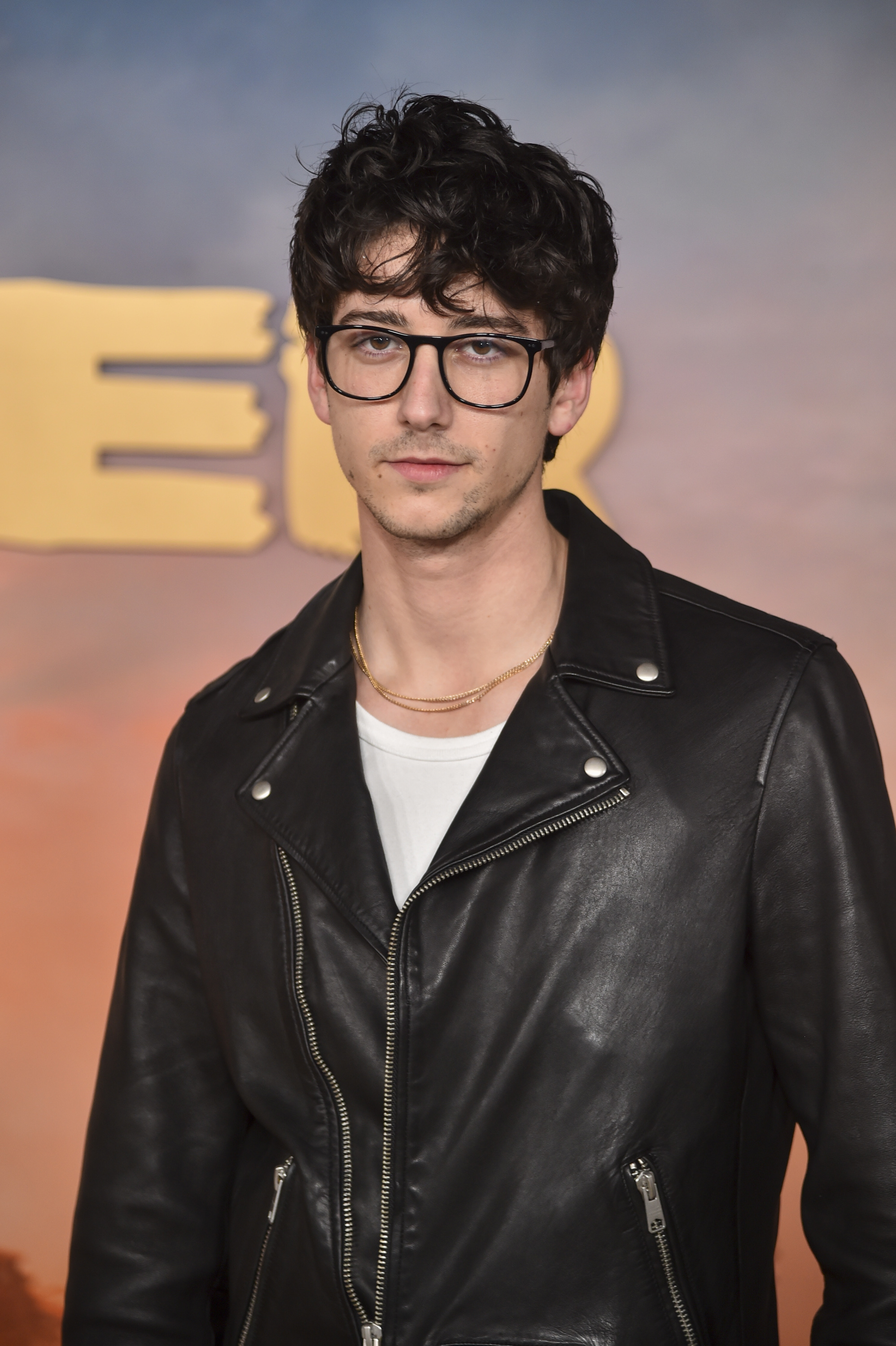 I don’t know who this is. A man with glasses in a black leather jacket over a white shirt on a red carpet