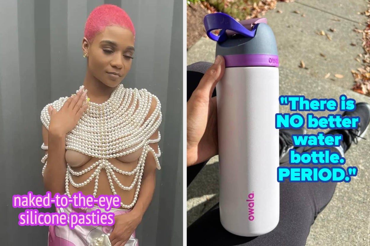 Reviewer posing in costume wearing nude silicone nipple covers under beaded top with text: "naked-to-the-eye silicone pasties"; reviewer holding light purple owala water bottle with text: "there is no better water bottle. Period."