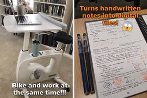 on the left: white desk bike with laptop. on right: smart reusable notebook