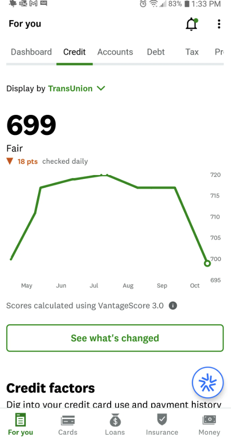 Credit score graph rated as fair at 699 in October, checked daily. Scores calculated using VantageScore 3.0