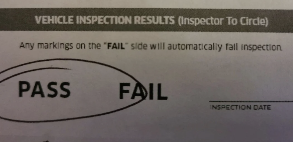 Vehicle inspection results form shows &quot;PASS&quot; circled, indicating successful inspection