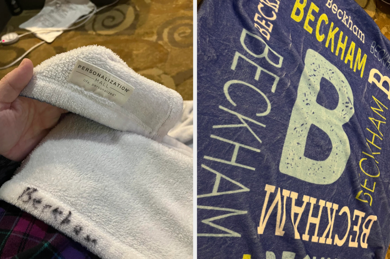 Towel embroidered with &quot;Brookly&quot; for personalization; blanket features various printings of &quot;Beckham.&quot;