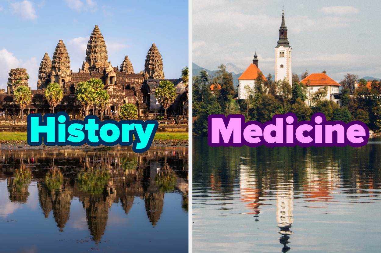 Two images: left shows Angkor Wat labeled "History," right shows a lakeside church labeled "Medicine."