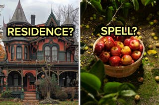 Left: A Victorian-style house with intricate architecture is labeled with