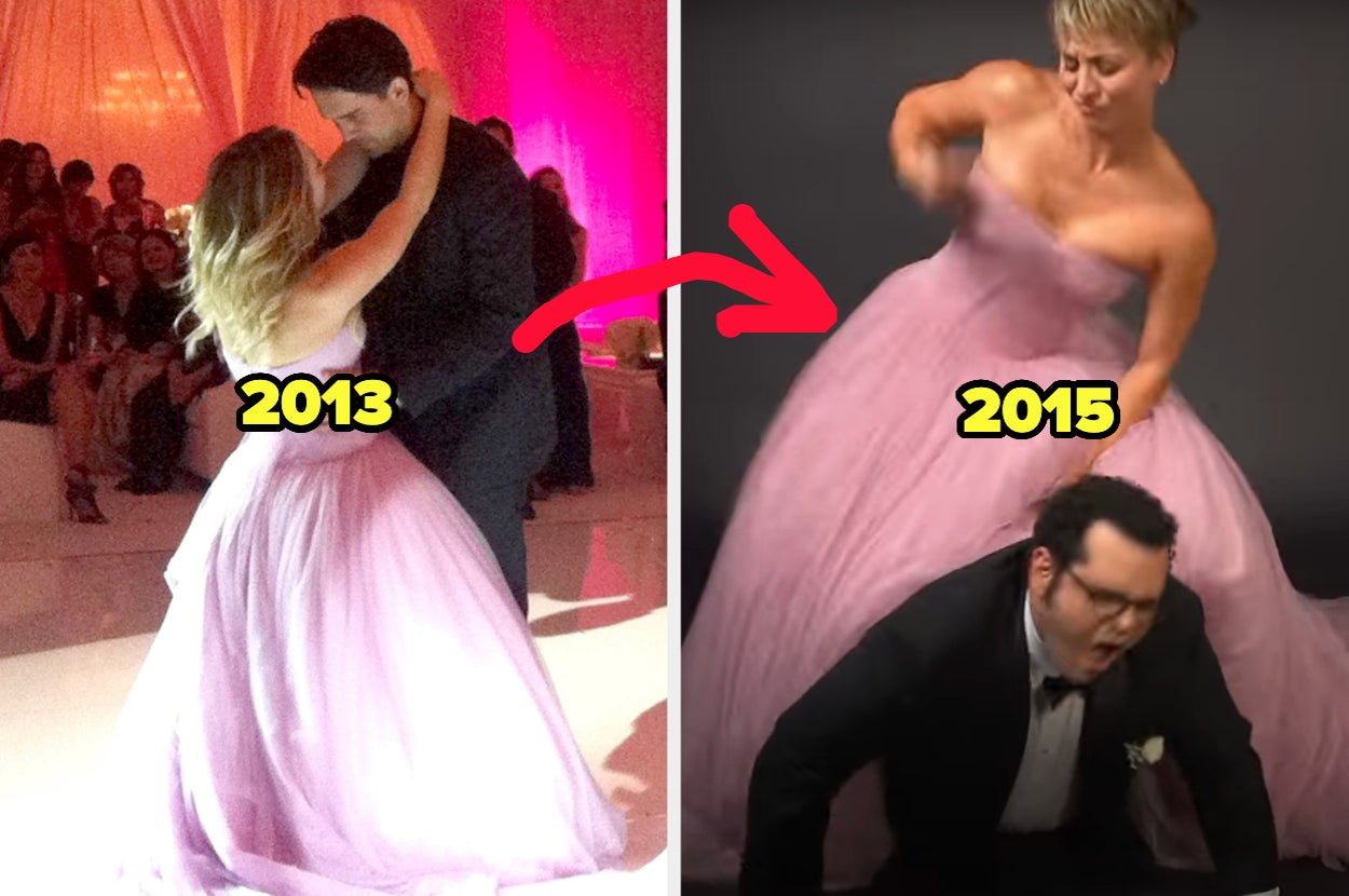 Kaley Cuoco dances with Ryan Sweeting in 2013 on the left and playfully tackles Josh Gad in 2015 on the right, both times wearing a ball gown