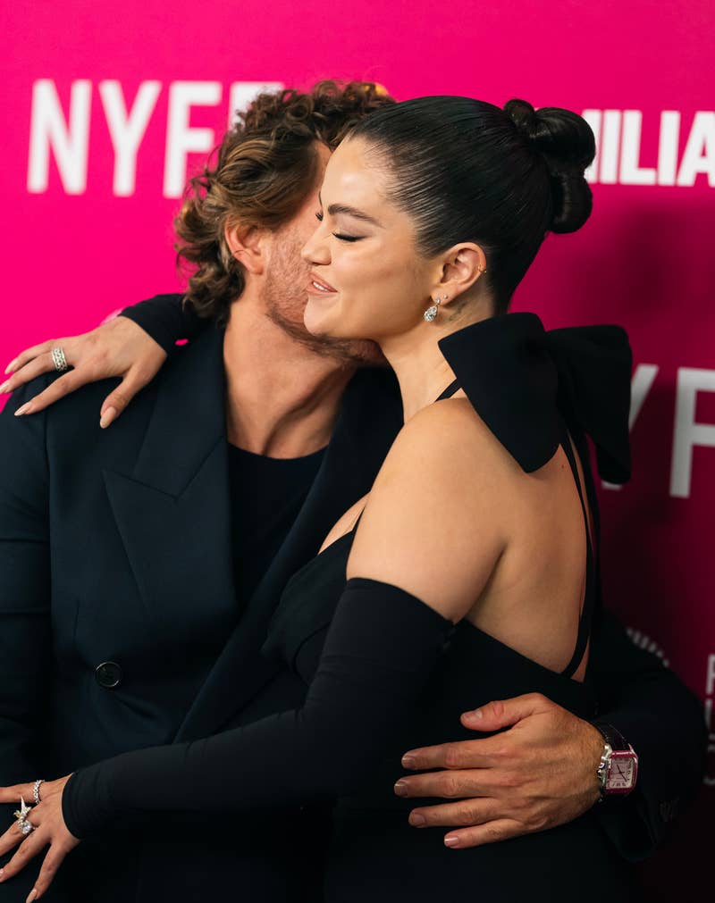 Edgar Ramirez and Selena Gomez embrace on the red carpet at NYFF 62 for 'Emilia Pérez.' Timothée wears a dark suit