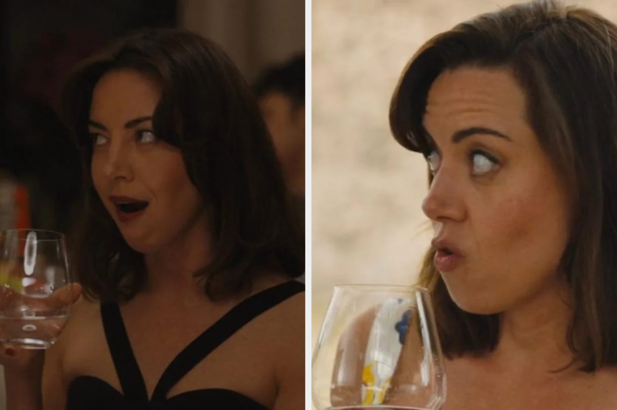 Aubrey Plaza in two side-by-side photos, each holding a glass and making surprised expressions