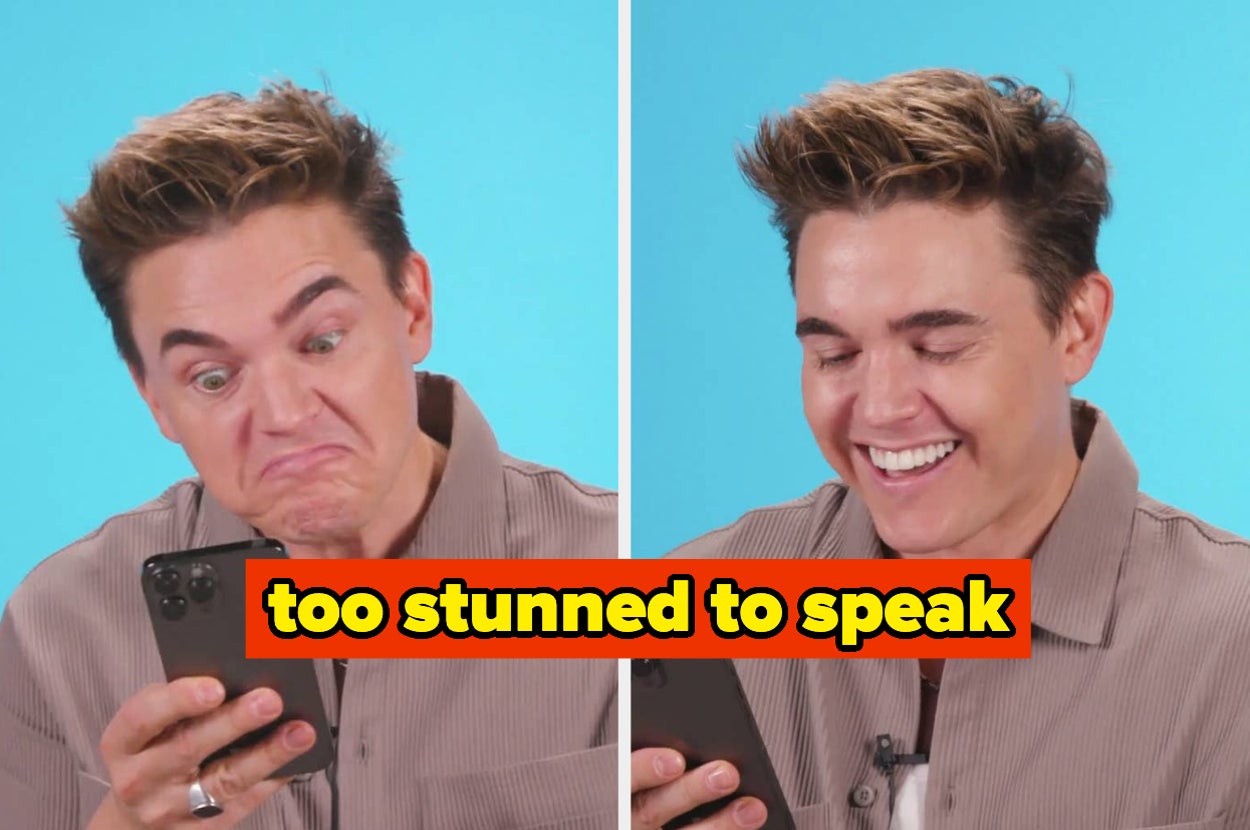 Jesse McCartney looks at his phone with a shocked expression in the first image, then laughs in the second image. Text overlay reads "too stunned to speak."