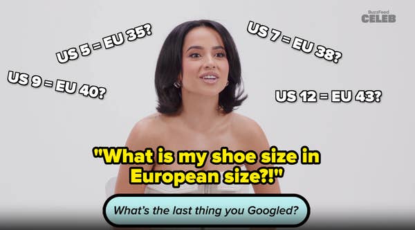 Becky G in a strapless top, smiling, with &quot;BuzzFeed Celeb&quot; logo and text below her reading &quot;What&#x27;s the last thing you Googled?&quot;