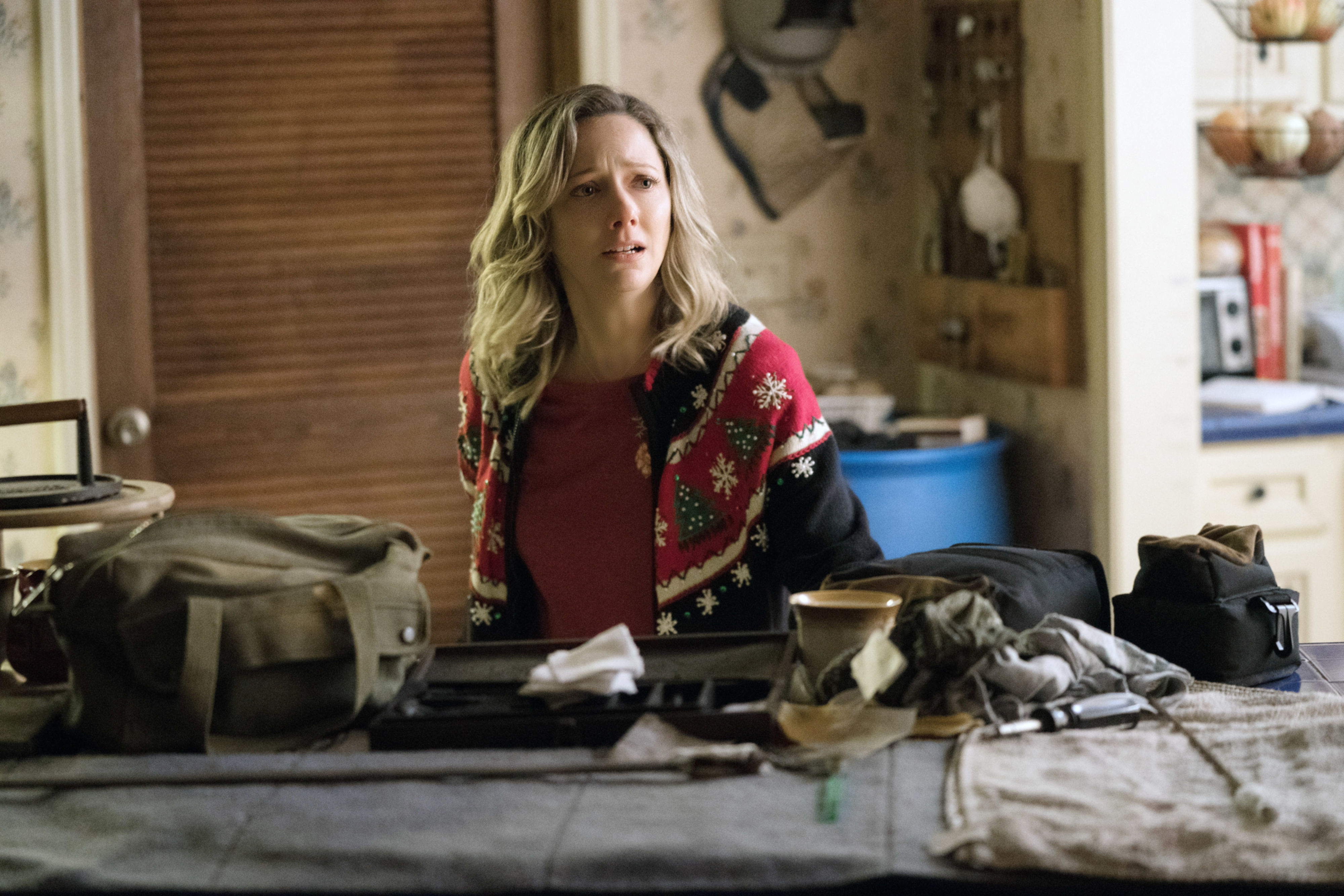 Judy Greer wearing a Christmas sweater in "Halloween"