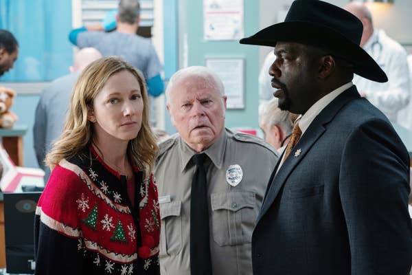 Judy Greer, Charles Cyphers, and Omar J. Dorsey standing in a hospital in &quot;Halloween Kills&quot;