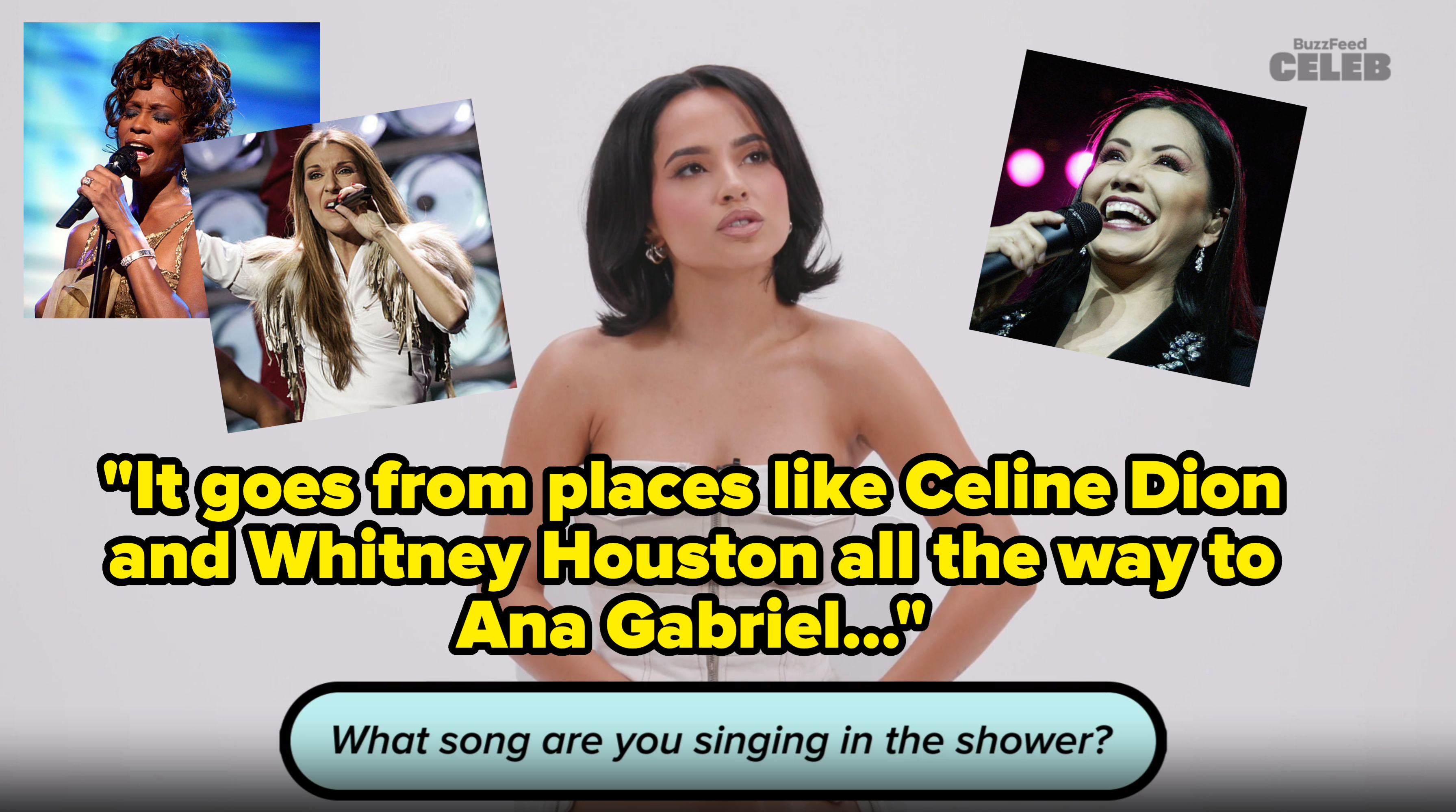 Becky G in a strapless dress during a BuzzFeed Celeb interview. The text below her reads, "What song are you singing in the shower?"