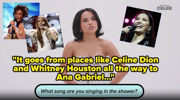 Becky G in a strapless dress during a BuzzFeed Celeb interview. The text below her reads, &quot;What song are you singing in the shower?&quot;