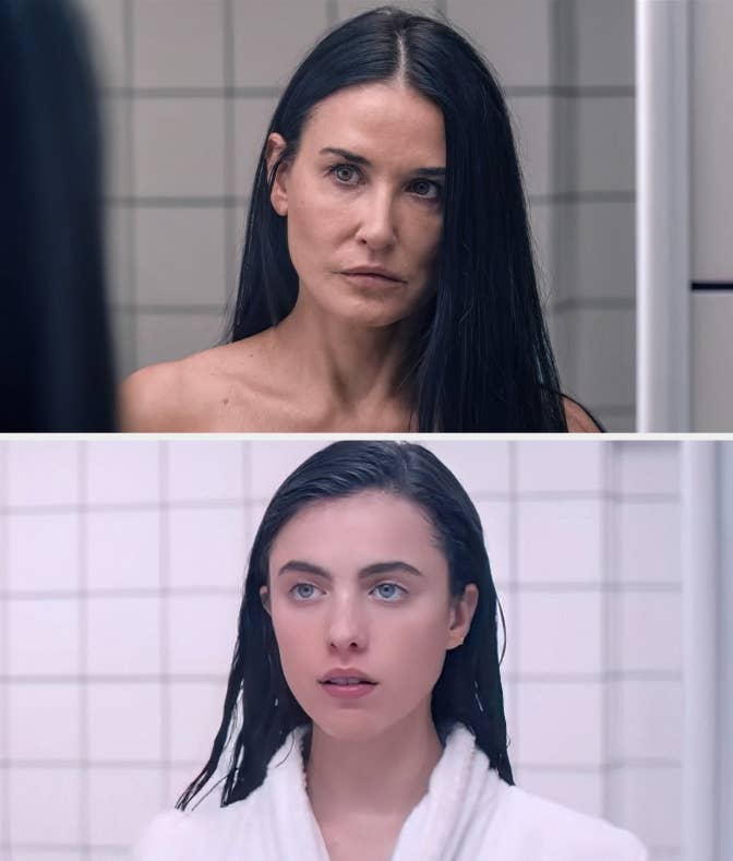 Demi Moore and Margaret Qualley appear in a scene from the movie "My Salinger Year," both looking into a mirror in separate shots