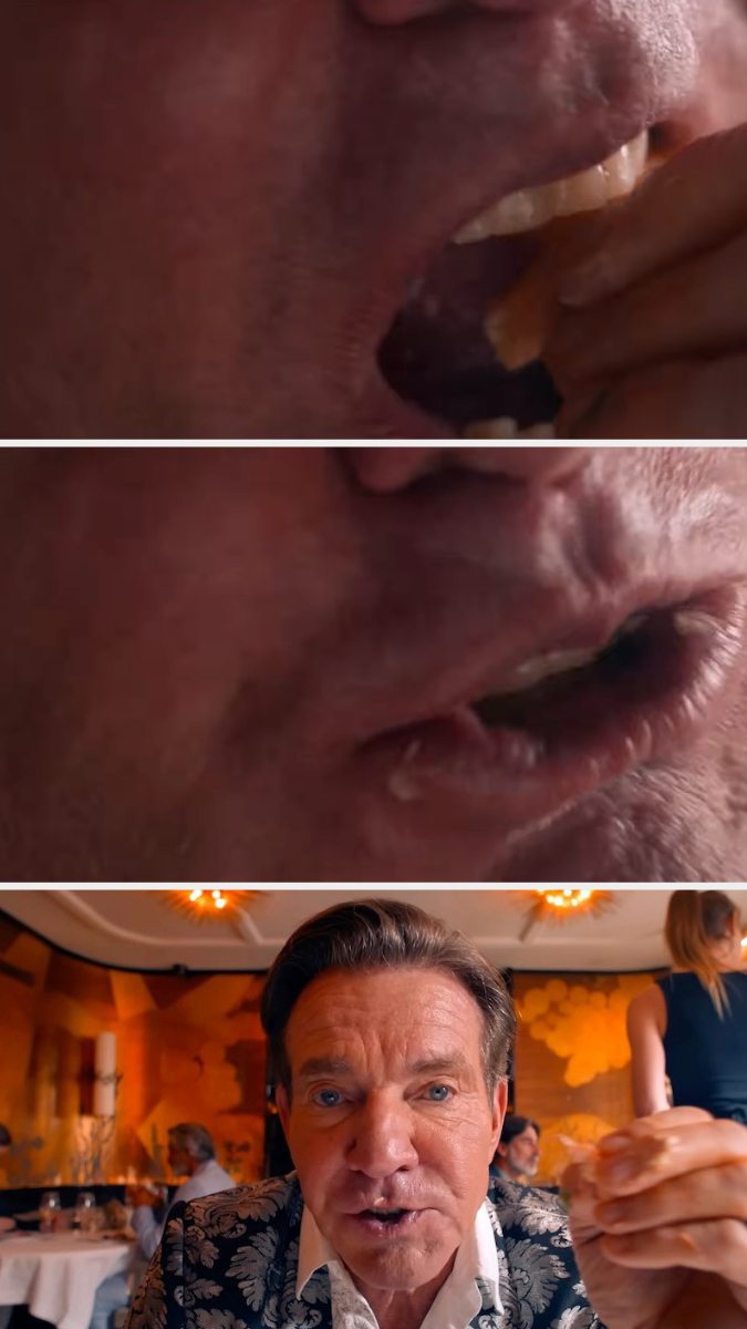 Close-up shots of Dennis Quaid eating in a restaurant, followed by a wider shot of him holding food and wearing a patterned suit jacket