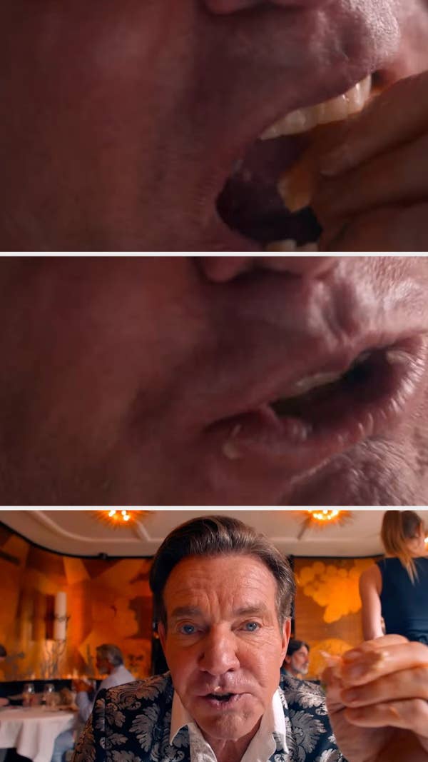 Close-up shots of Dennis Quaid eating in a restaurant, followed by a wider shot of him holding food and wearing a patterned suit jacket