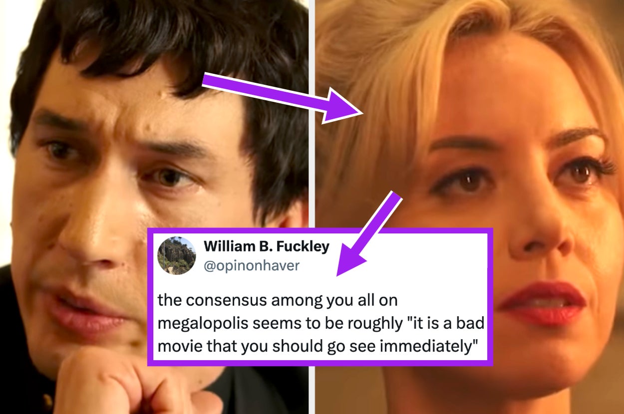 Adam Driver and Nathalie Emmanuel in a scene. A tweet by William B. Fuckley @opinonhaver: "the consensus among you all on megalopolis seems to be roughly 'it is a bad movie that you should go see immediately.'"