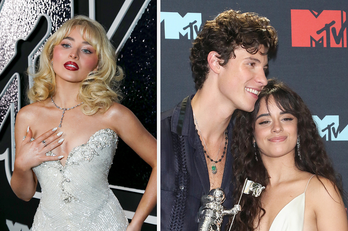 Sabrina Carpenter in a shimmering strapless gown, and Shawn Mendes in a dark shirt with Camila Cabello in a white dress, pose together at the MTV event