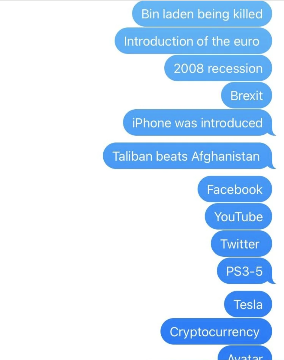 Text message list of significant events and technologies, including the euro&#x27;s introduction, Brexit, and the rise of social media and cryptocurrency