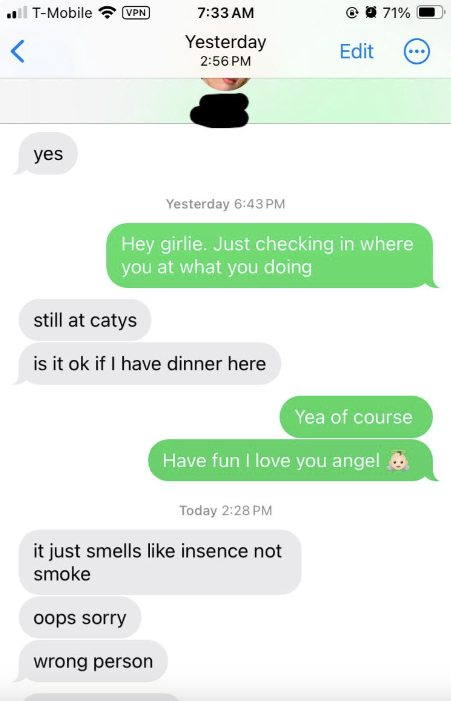 A text conversation where someone mistakenly sends a message about incense instead of smoke to the wrong person