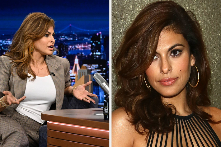 Eva Mendes speaks with her hands while interviewing with Jimmy Fallon vs a closeup of Eva Mendes