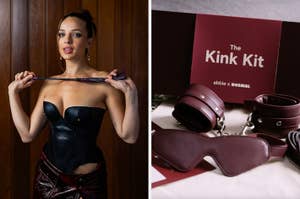 Woman in black leather corset holding whip; to the right, a box labeled "The Kink Kit" with cuffs and eye mask